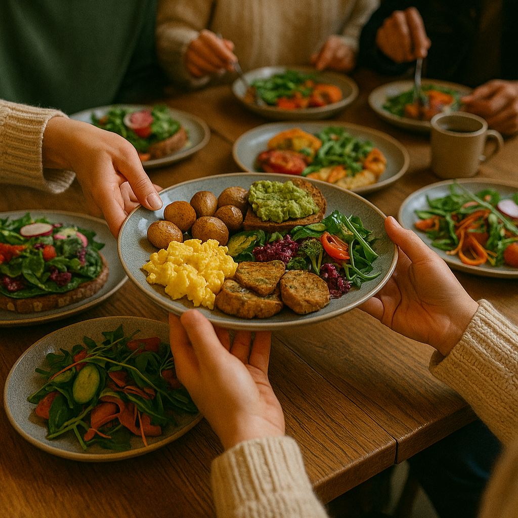 Copenhagen food culture, people sharing brunch, Danish hygge concept, brunch food in focus