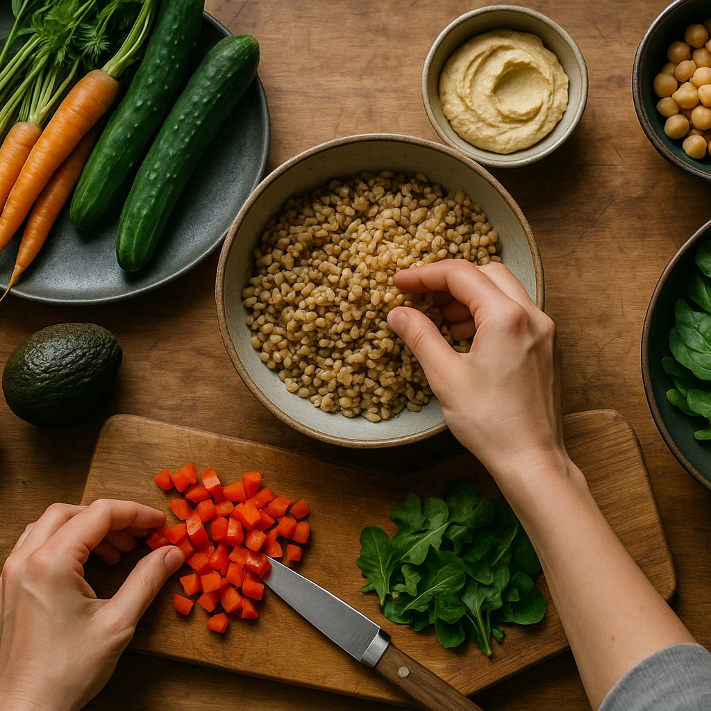organic ingredients, homemade food preparation, fresh vegetables and grains